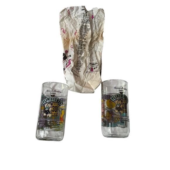 VTG 1991 The Flintstones Hardees Glasses + 1 Original Bags 30 Years Barney Bam - Picture 2 of 4